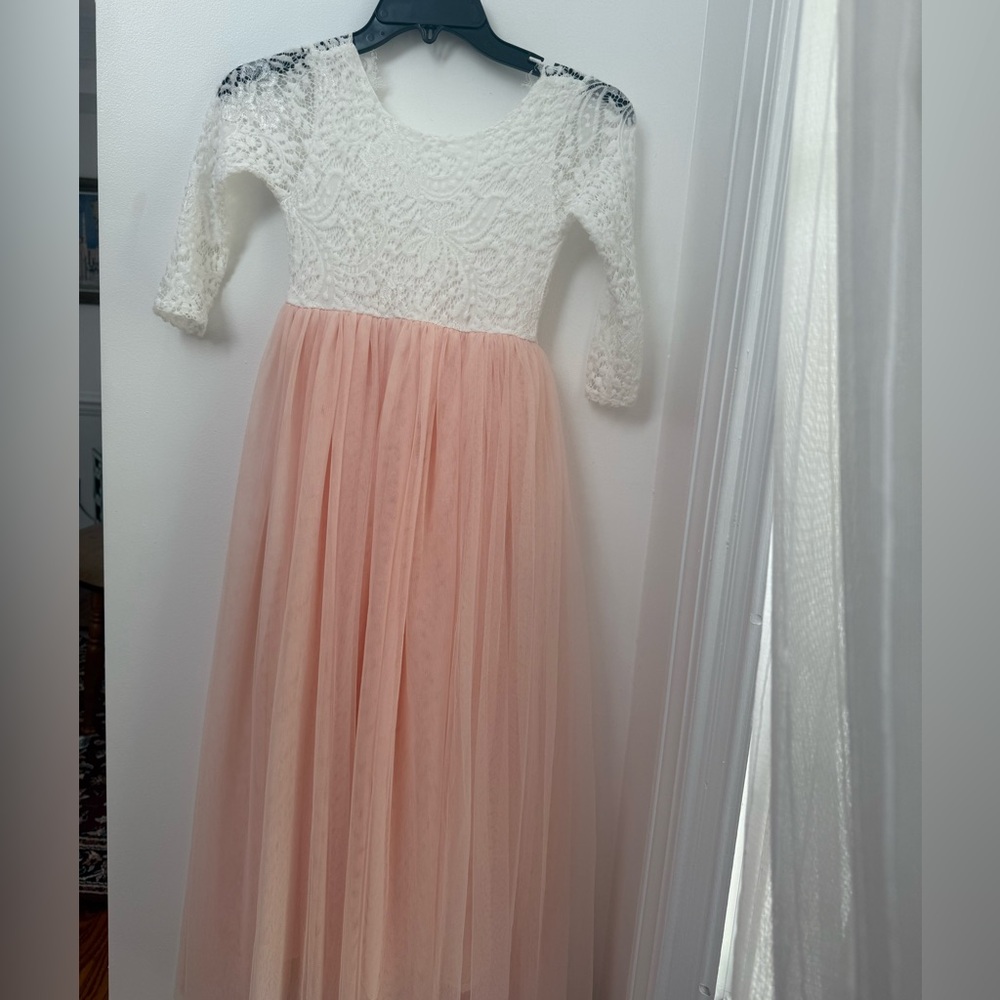 Elegant Pink and White Lace Kids Dress Size 9/10